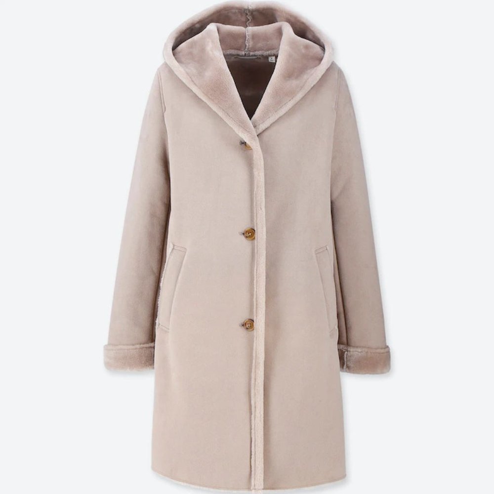 UNIQLO WOMEN SOFT SHEARLING HOODED COAT WITH FAUX FUR